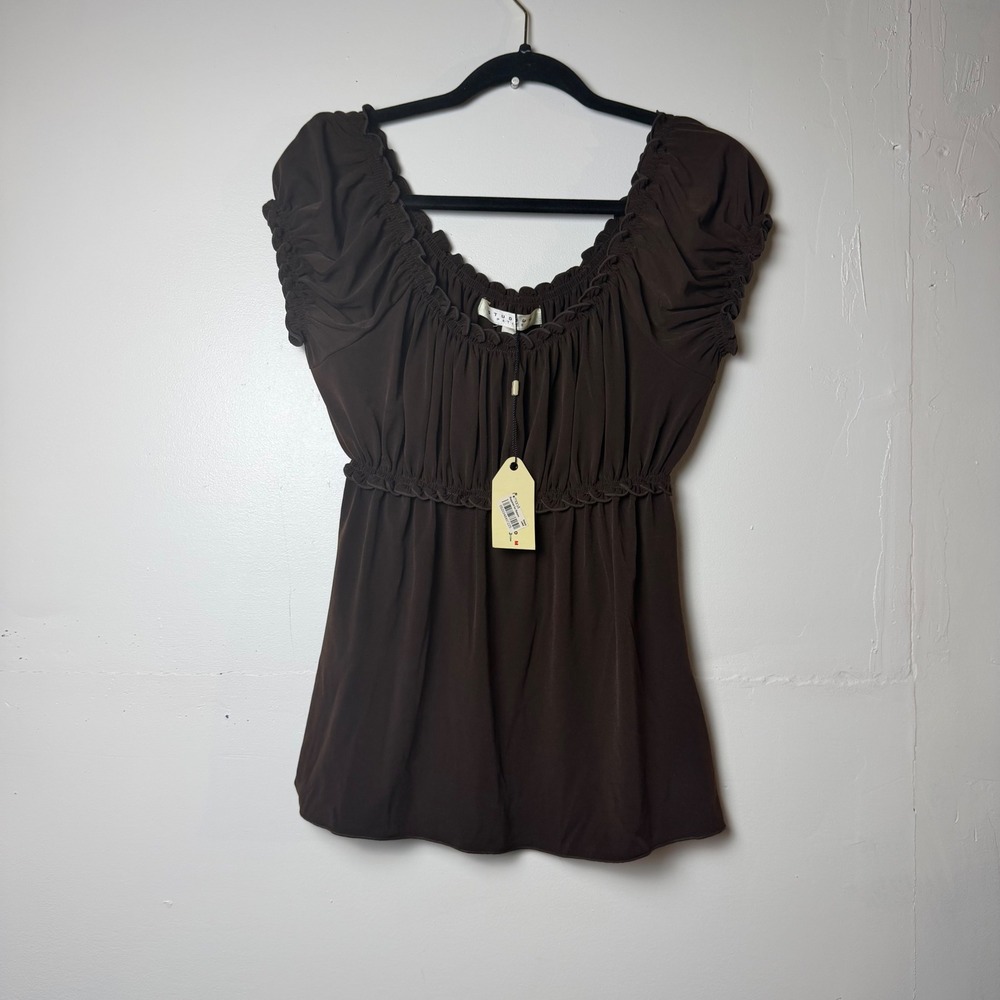 Max Studio Coffee Brown Y2K Baby Doll Stretchy Ruffle Top sz L with Tags